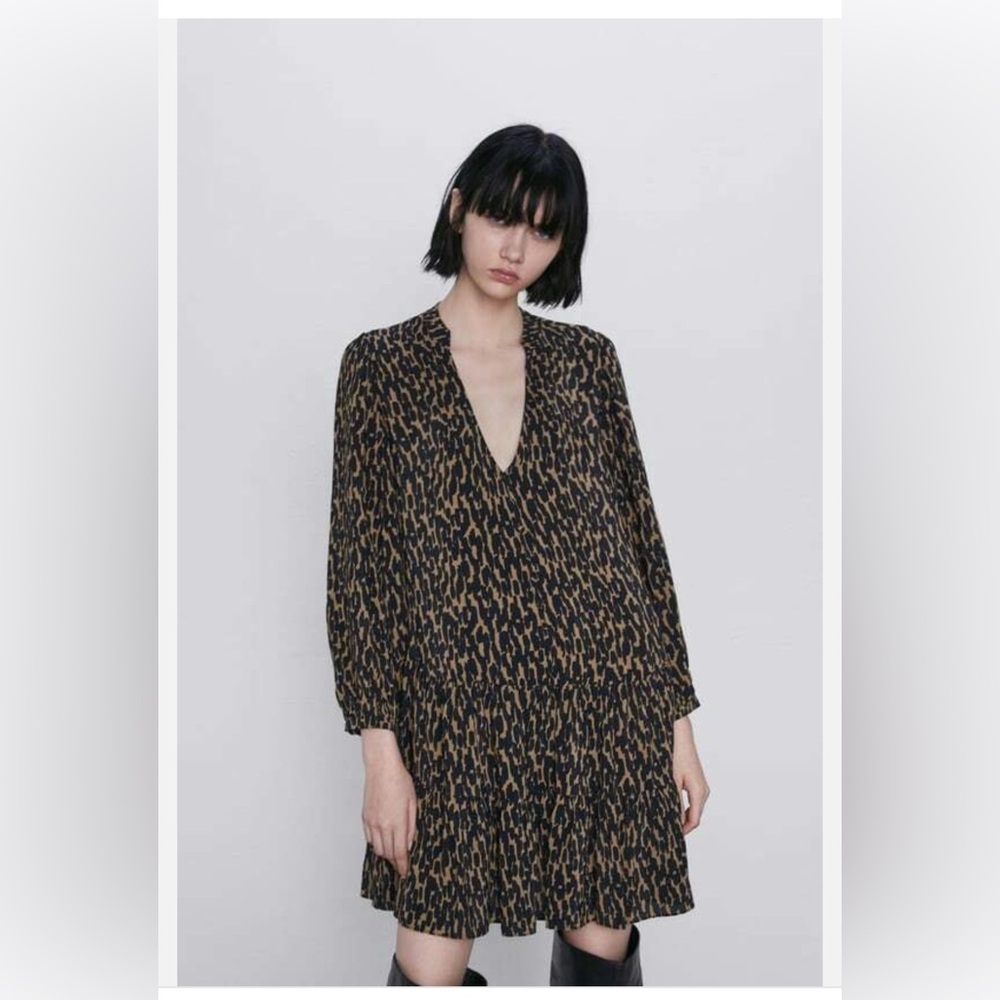 ZARA | Black and Tan Button Front Tiered High-Low Dress